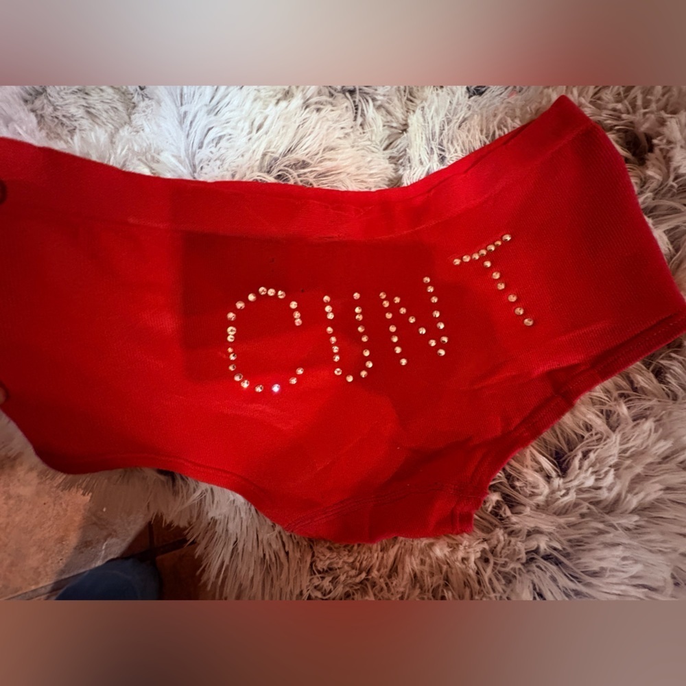 Red Knit Sweater with Rhinestone Letters